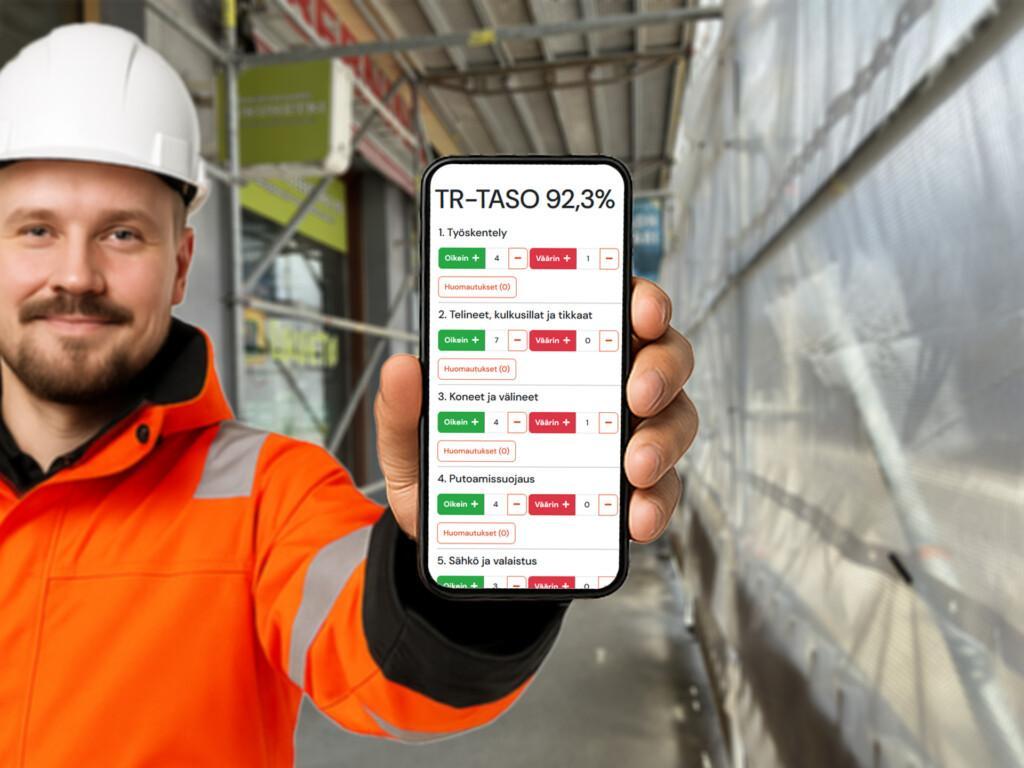 Rakennustyömaan työntekijä dokumentoi Infomaatin mobiilisovellulla digitaalista TR-mittausta älypuhelimella, näytössä TR-taso ja mittauskohdat.