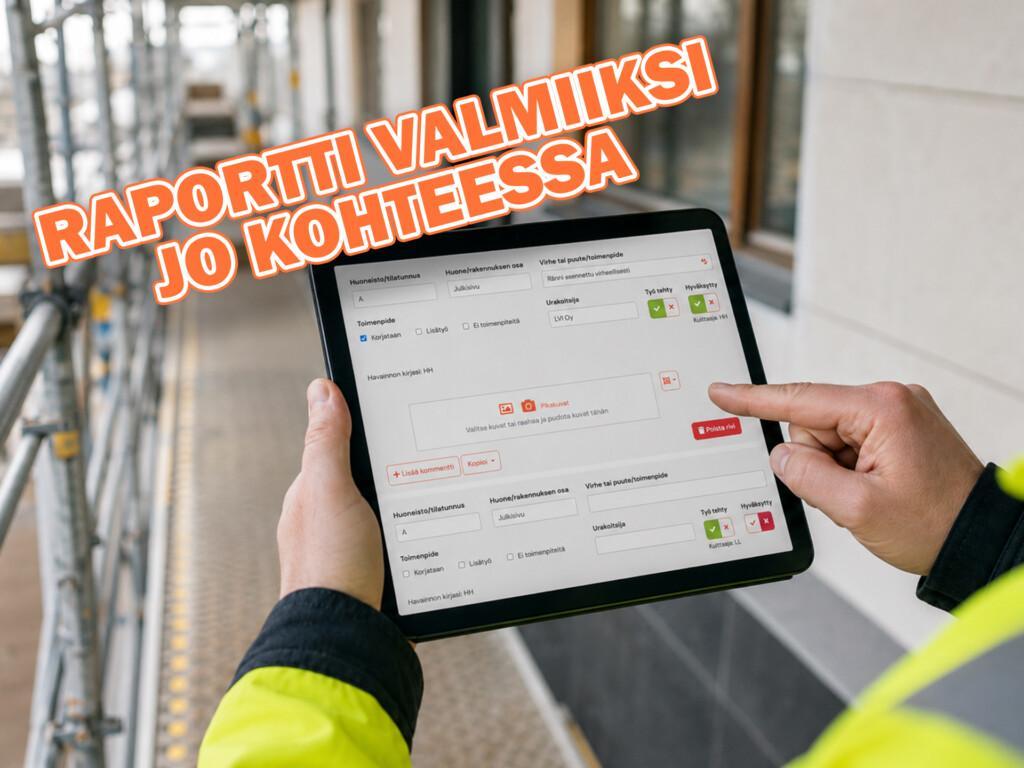 Infomaatilla raportin voi täyttää valmiiksi jo kohteessa, kuvassa henkilö täyttää virhe- ja puutelistaa.